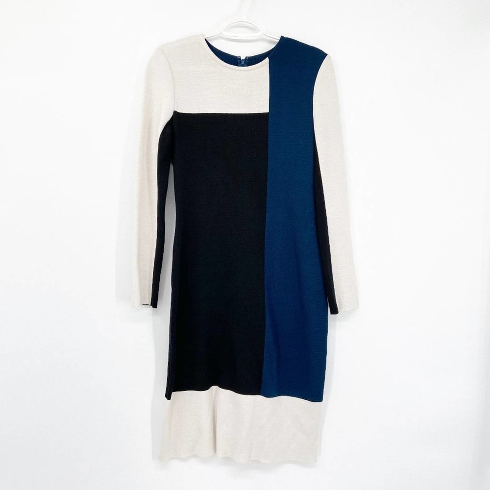 St. John Colorblock Dress 4 Blue Ivory Black‎ Knit Long Sleeve Workwear Office